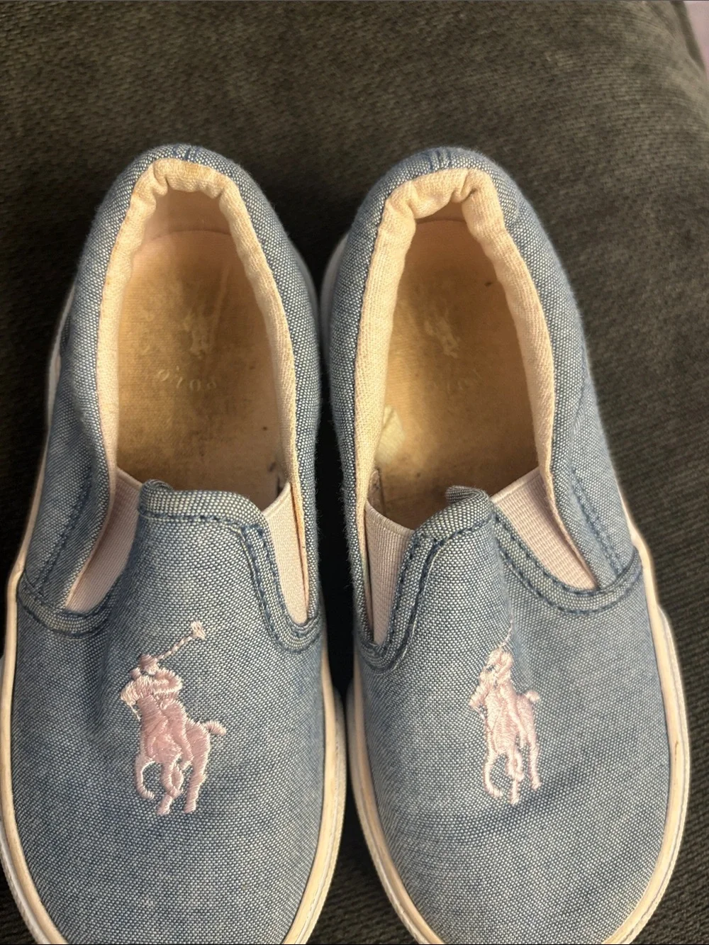 Ralph Lauren Kids Denim Blue Slip-On Sneakers with Pink Polo Logo